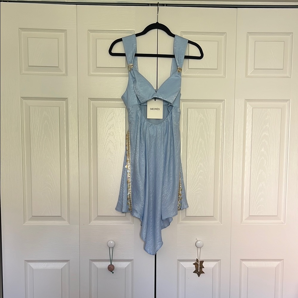 SIEDRES Light Blue and Gold Mini Dress BRAND NEW (Originally $140)